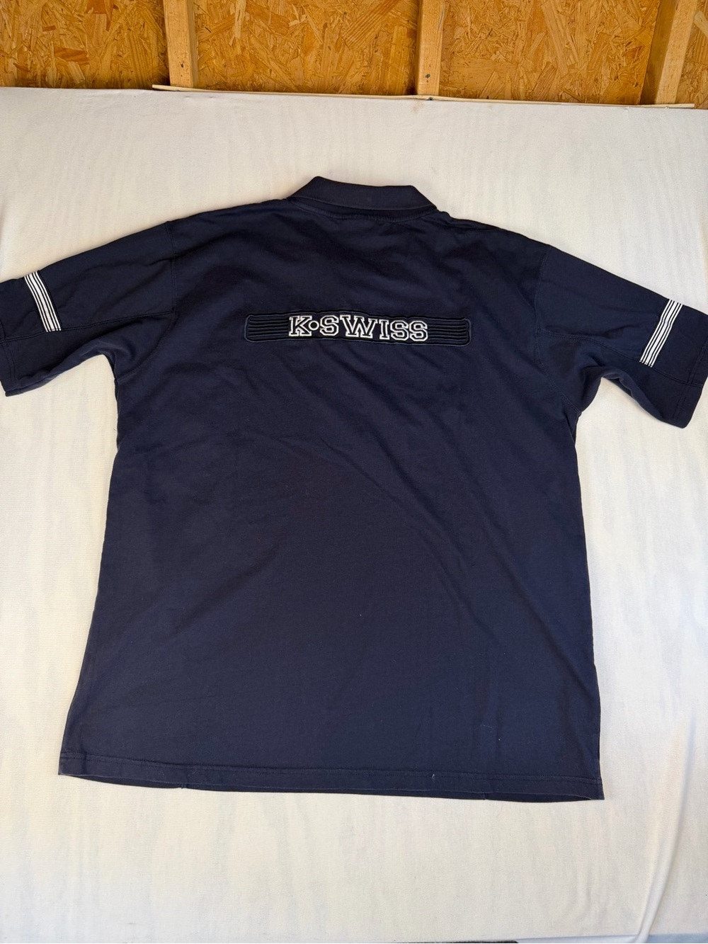 Vtg. K-Swiss Navy Short Sleeve Polo with Sleeve Stripe Detail y2k 90s Size: XXXL